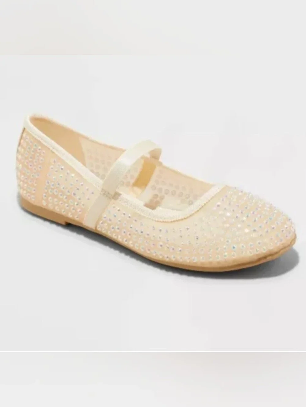 NIB Cream Rhinestone Mesh Mary Jane Ballet Flat Girls Size 4